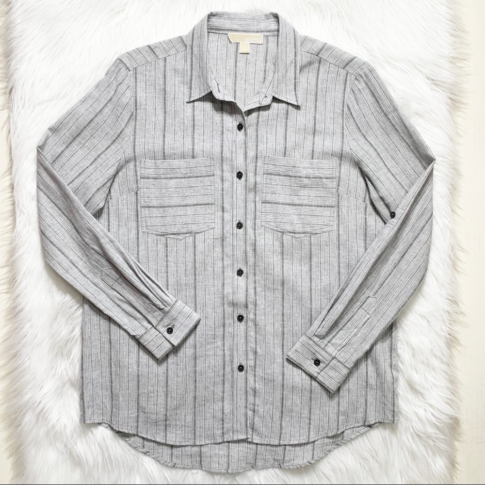 SOLD-Michael Kors Black and Gray Stripe Roll Tab Sleeve Linen Blend Buttondown - Picture 6 of 8